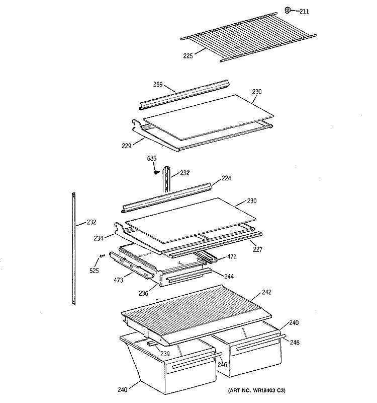 SHELF PARTS Diagram and Parts List for MTI18GIBGRWW  General Electric Refrigerator