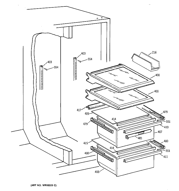 FRESH FOOD SHELVES Diagram and Parts List for MSX25DPBAAA  General Electric Refrigerator