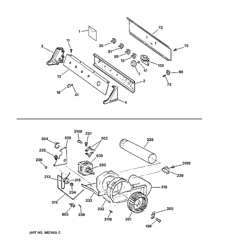 BACKSPLASH, BLOWER & MOTOR Diagram and Parts List for DPSR473EW0WW  General Electric Dryer