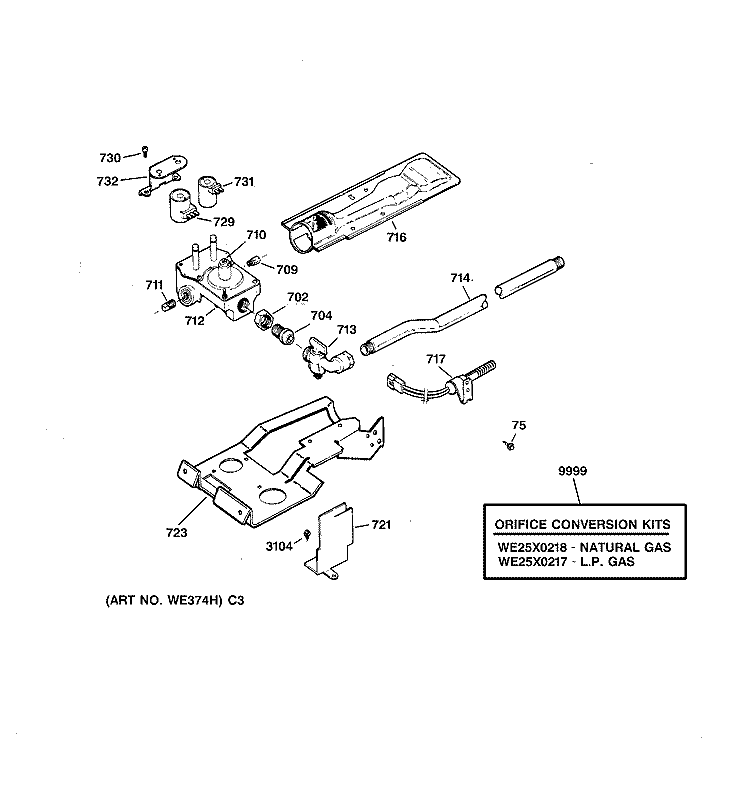 GAS VALVE & BURNER ASSEMBLY Diagram and Parts List for DPSF505GW0WW  General Electric Dryer