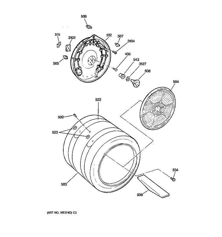 DRUM Diagram and Parts List for DPSF495EW0AA  General Electric Dryer