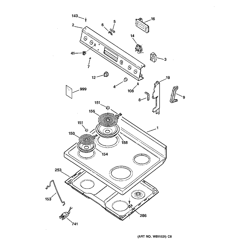 CONTROL PANEL & COOKTOP Diagram and Parts List for JBS27AY3  General Electric Range