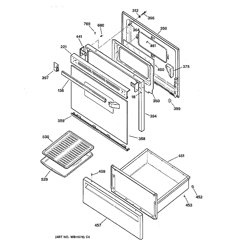 DOOR & DRAWER PARTS Diagram and Parts List for JBS27AY3  General Electric Range