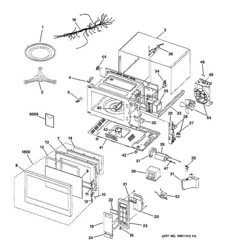 Section Diagram and Parts List for JE1640GA01  General Electric Microwave