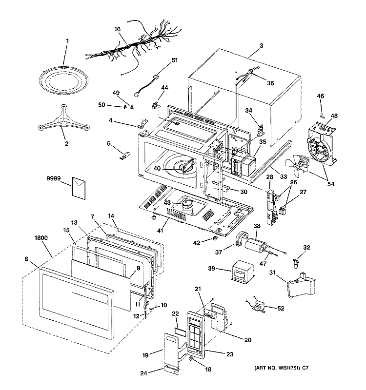 Section Diagram and Parts List for JE1650WA01  General Electric Microwave