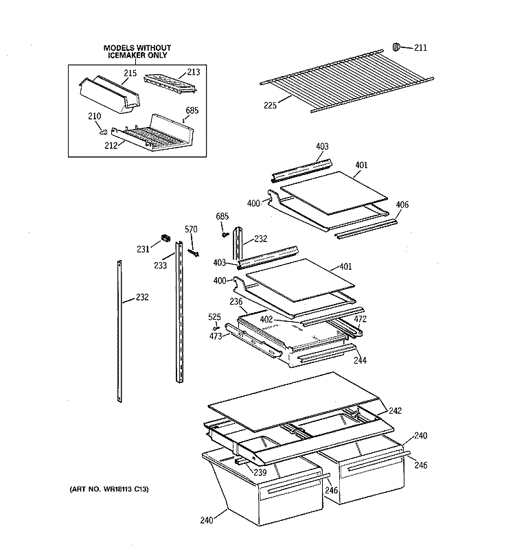 SHELF PARTS Diagram and Parts List for TBT18JABFRAA  General Electric Refrigerator