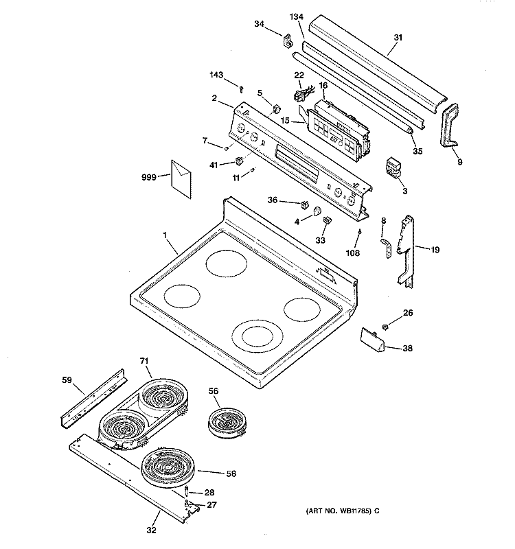 CONTROL PANEL & COOKTOP Diagram and Parts List for JB960WY4  General Electric Range