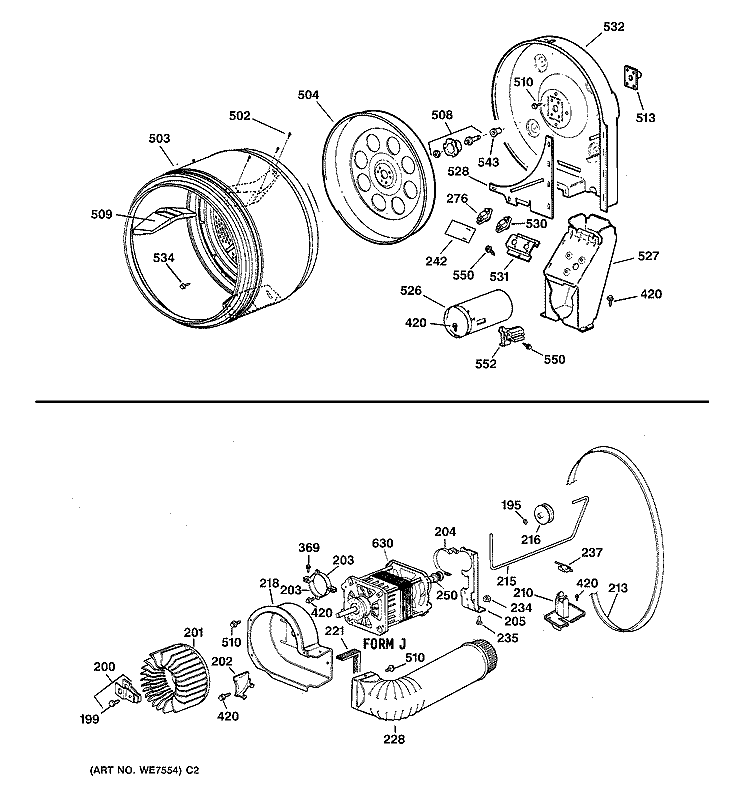 DRUM, DUCT, BLOWER & DRIVE ASSEMBLY Diagram and Parts List for DCCB330GV0WC  General Electric Dryer