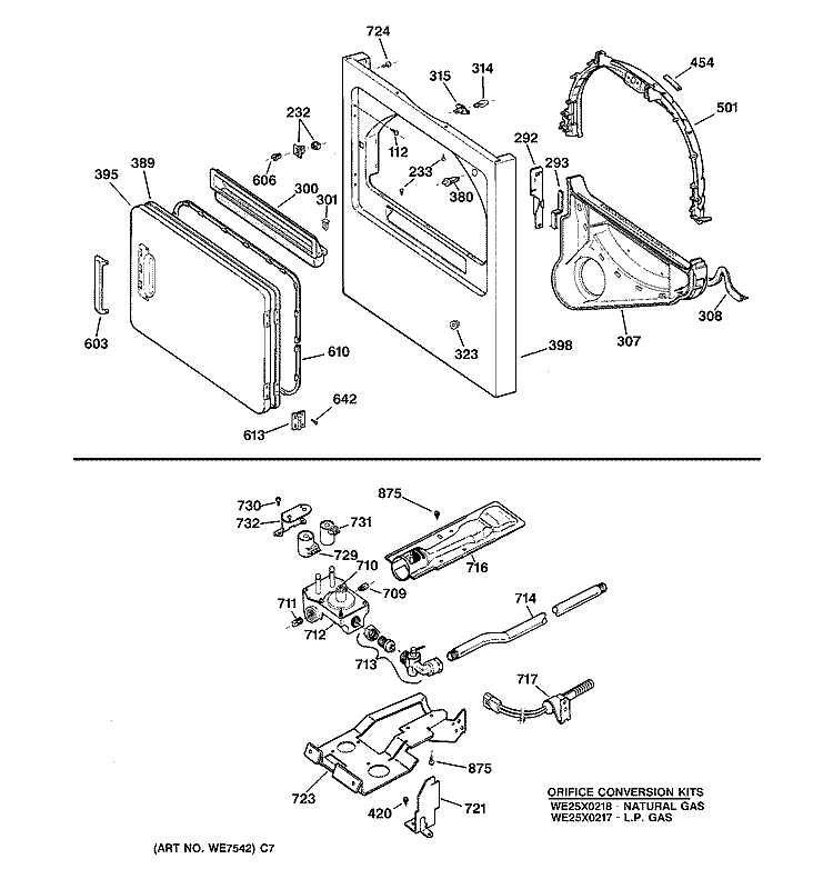 CABINET FRONT, GAS VALVE & BURNER ASM. Diagram and Parts List for DCCB330GV0WC  General Electric Dryer