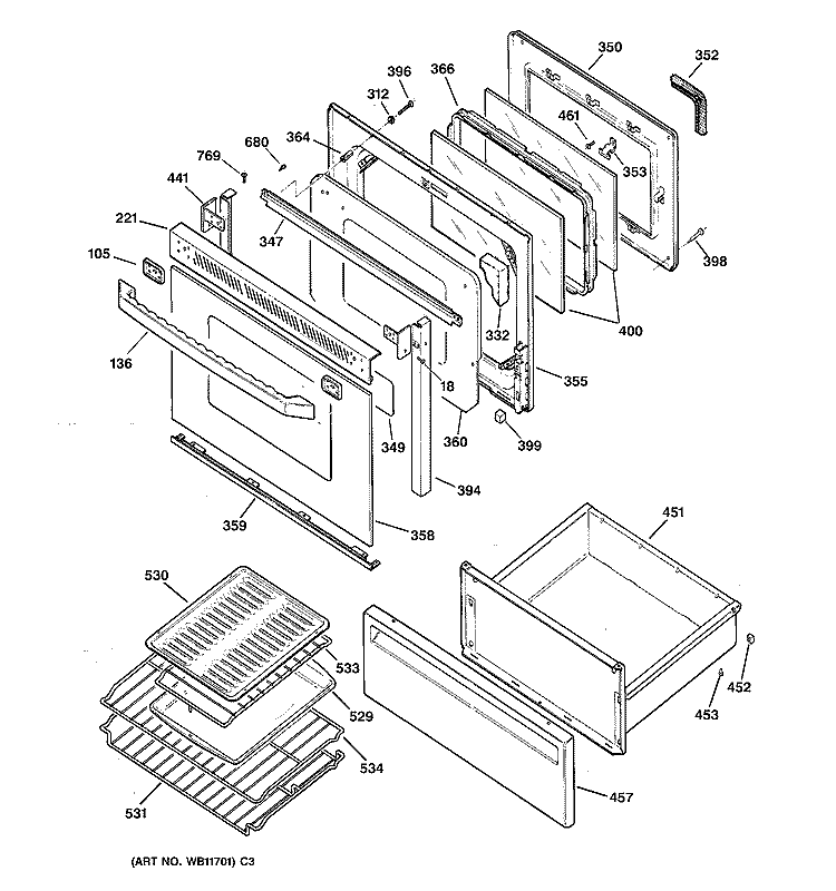 DOOR & DRAWER PARTS Diagram and Parts List for JB940WY4  General Electric Range