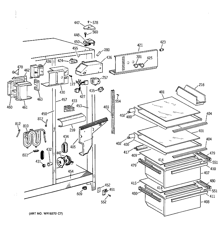 FRESH FOOD SECTION Diagram and Parts List for TFG20JRBAWW  General Electric Refrigerator
