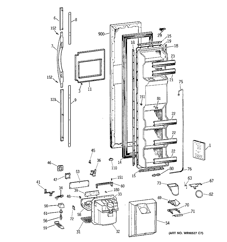 FREEZER DOOR Diagram and Parts List for TFG25PRBAWW  General Electric Refrigerator