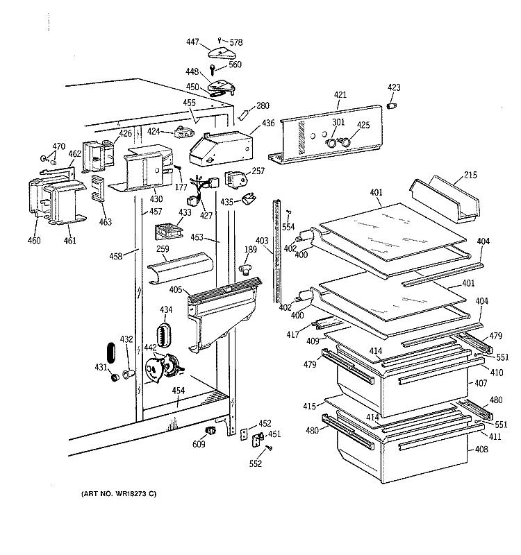 FRESH FOOD SECTION Diagram and Parts List for TFG20JABAWW  General Electric Refrigerator