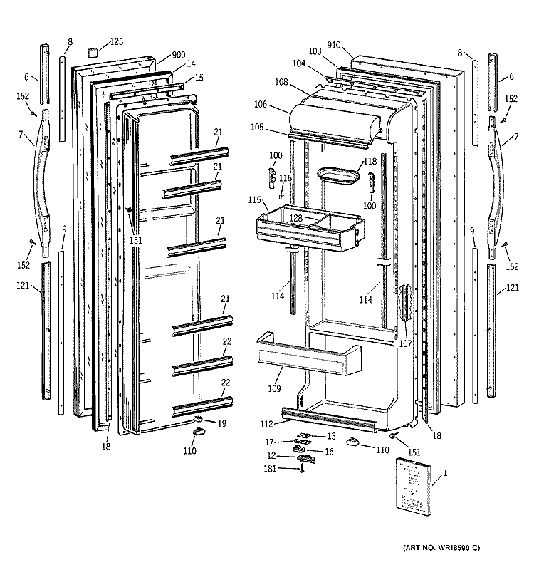 DOORS Diagram and Parts List for TFG25PABAWW  General Electric Refrigerator