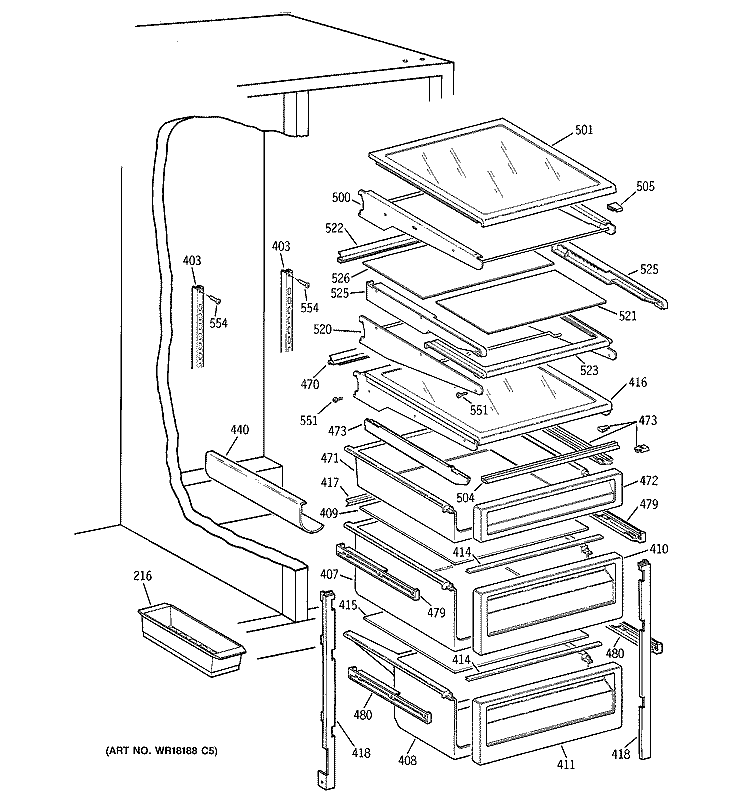 FRESH FOOD SHELVES Diagram and Parts List for TFG25PEBAWH  General Electric Refrigerator