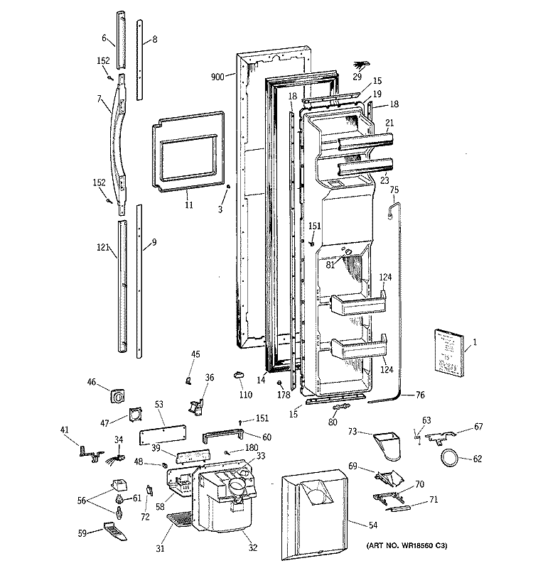FREEZER DOOR Diagram and Parts List for TFG27PRBAWW  General Electric Refrigerator