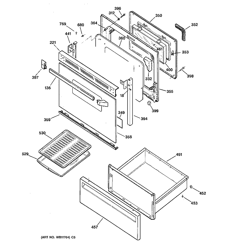 DOOR & DRAWER PARTS Diagram and Parts List for JBP26WY4  General Electric Range