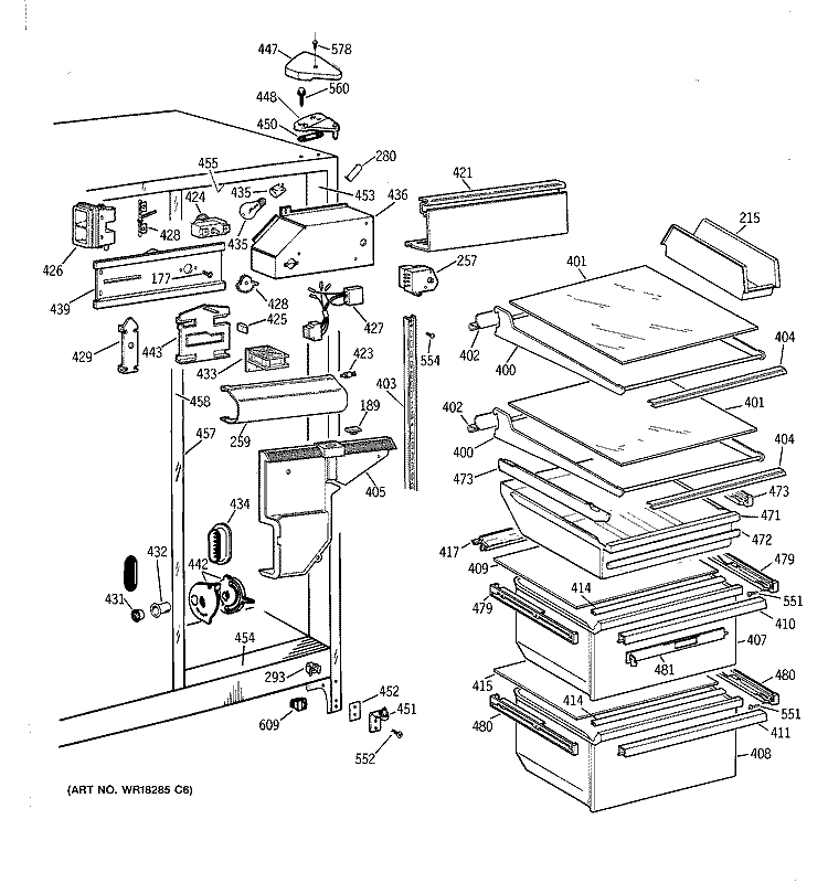 FRESH FOOD SECTION Diagram and Parts List for TFT22JABAWW  General Electric Refrigerator
