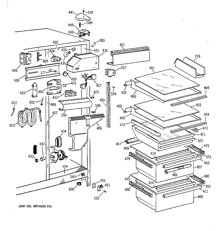 FRESH FOOD SECTION Diagram and Parts List for TFT22JWBAAA  General Electric Refrigerator