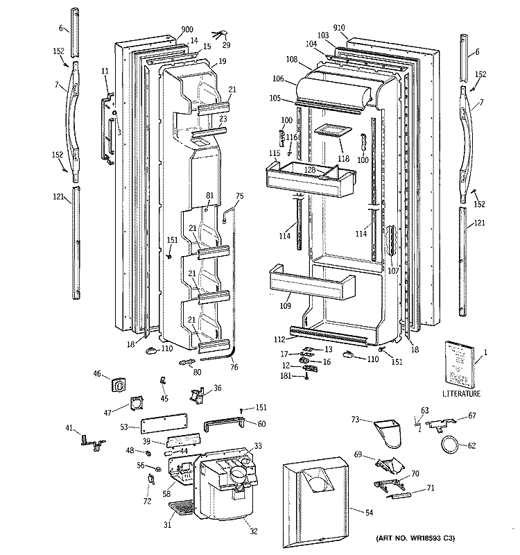 DOORS Diagram and Parts List for TFT25JWBAAA  General Electric Refrigerator