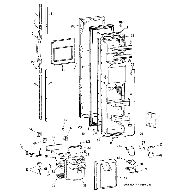 FREEZER DOOR Diagram and Parts List for TFT27PRBAAA  General Electric Refrigerator