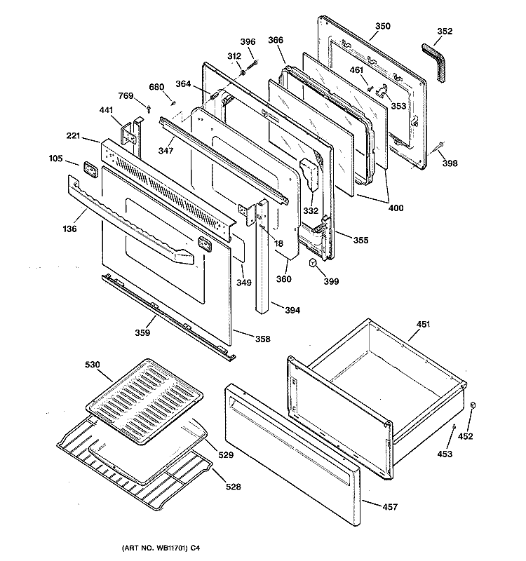 DOOR & DRAWER PARTS Diagram and Parts List for JBP79WY4  General Electric Range