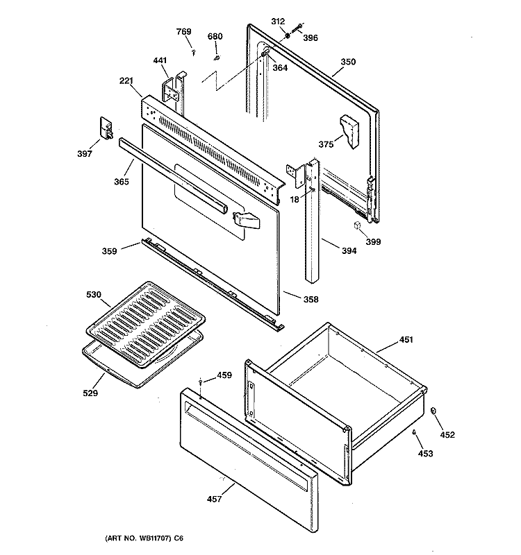 DOOR & DRAWER PARTS Diagram and Parts List for JBS03GV6  General Electric Range