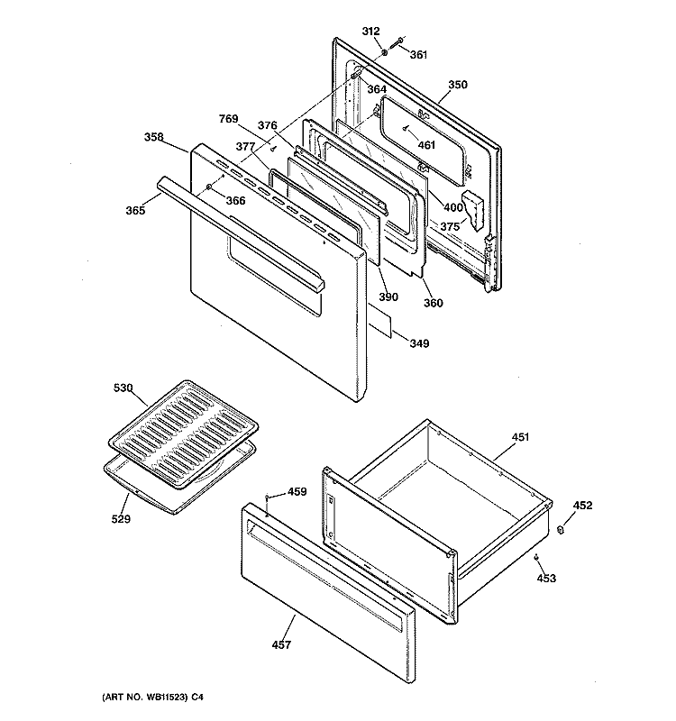 DOOR & DRAWER PARTS Diagram and Parts List for JBS07PIY3  General Electric Range