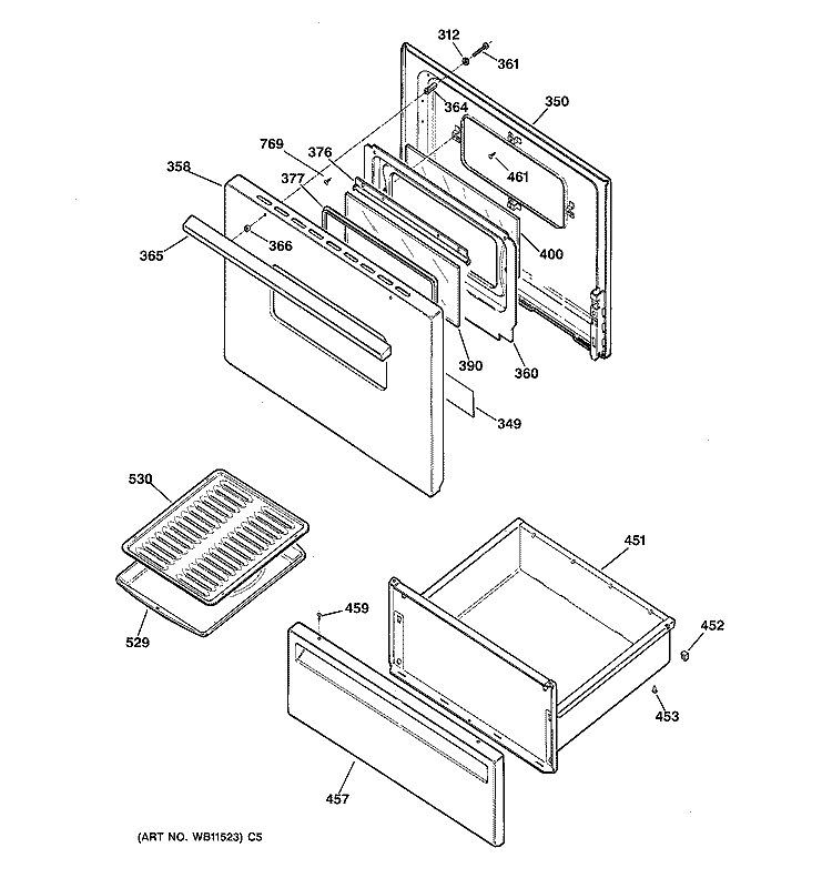 DOOR & DRAWER PARTS Diagram and Parts List for JBS26W5  General Electric Range