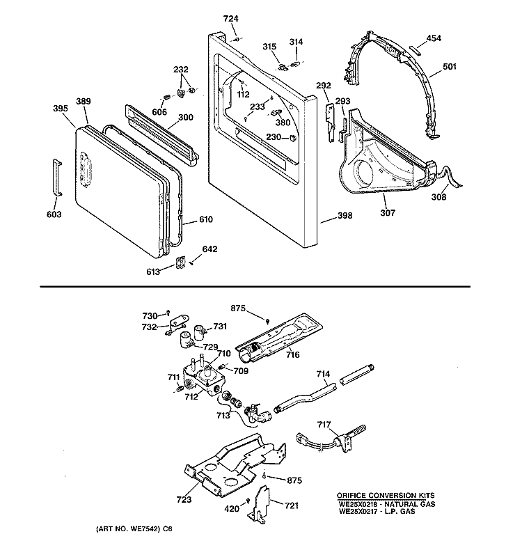 FRONT PANEL, DOOR, GAS VALVE & BURNER ASM. Diagram and Parts List for NJLR473GV0AA  Hotpoint Dryer