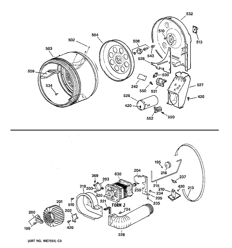 DRUM, DUCT, BLOWER & DRIVE ASM. Diagram and Parts List for NJLR473GV0AA  Hotpoint Dryer