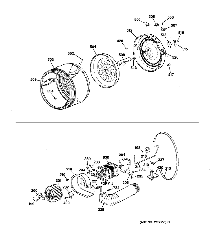DRUM, HEATER ASM., BLOWER & DRIVE ASSEMBLY Diagram and Parts List for NVLR333EV0AA  Hotpoint Dryer