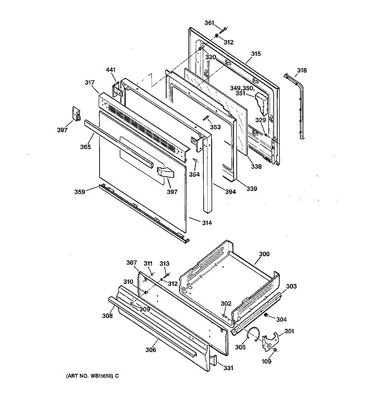 DOOR & DRAWER PARTS Diagram and Parts List for JGBS23BEW1AD  General Electric Range
