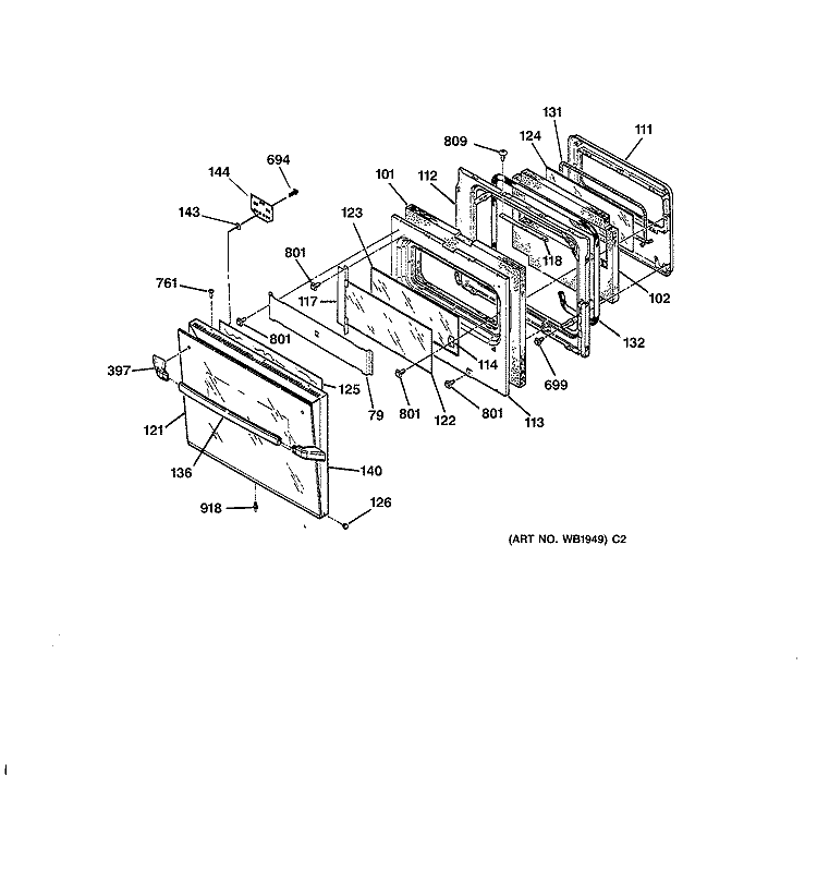DOOR Diagram and Parts List for JKP15BW2BB  General Electric Wall Oven