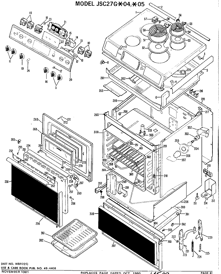 Section Diagram and Parts List for JSC27G*05  General Electric Range
