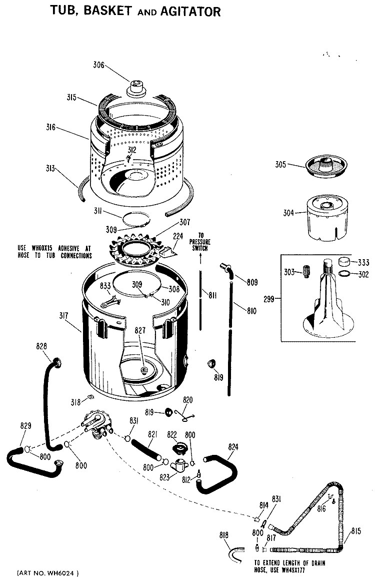 TUB, BASKET AND AGITATOR Diagram and Parts List for WWA8340VCL  General Electric Washer