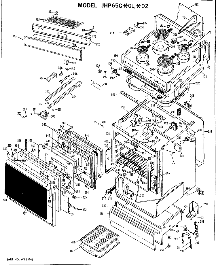 Section Diagram and Parts List for JHP65G*01  General Electric Range