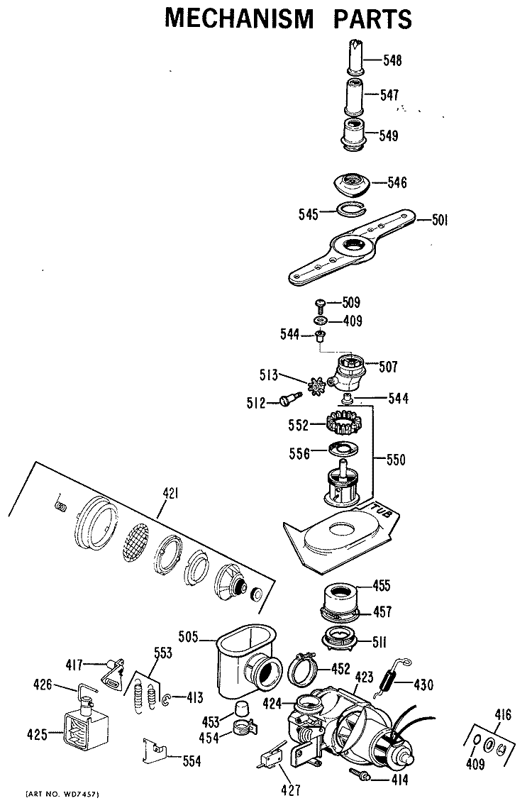 MECHANISM PARTS Diagram and Parts List for GSD990X-01  General Electric Dishwasher