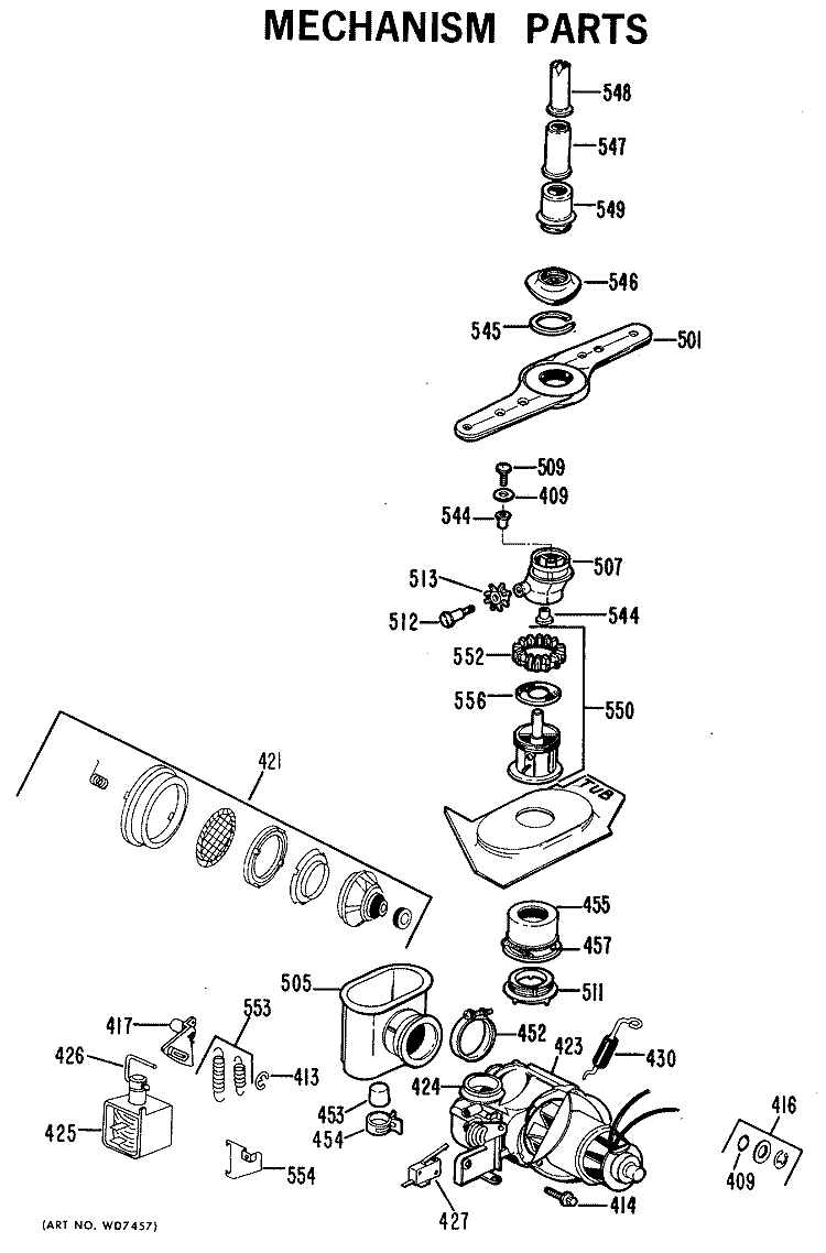 MECHANISM PARTS Diagram and Parts List for GSD2500-02  General Electric Dishwasher