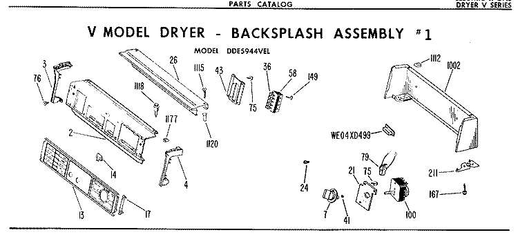 V MODEL DRYER - BACKSPLASH ASSEMBLY #1 Diagram and Parts List for DDE5944VEL  General Electric Dryer