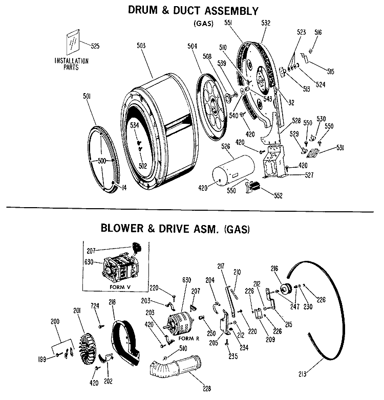 DRUM & DUCT ASSEMBLY (GAS) Diagram and Parts List for DDG5984VAL  General Electric Dryer