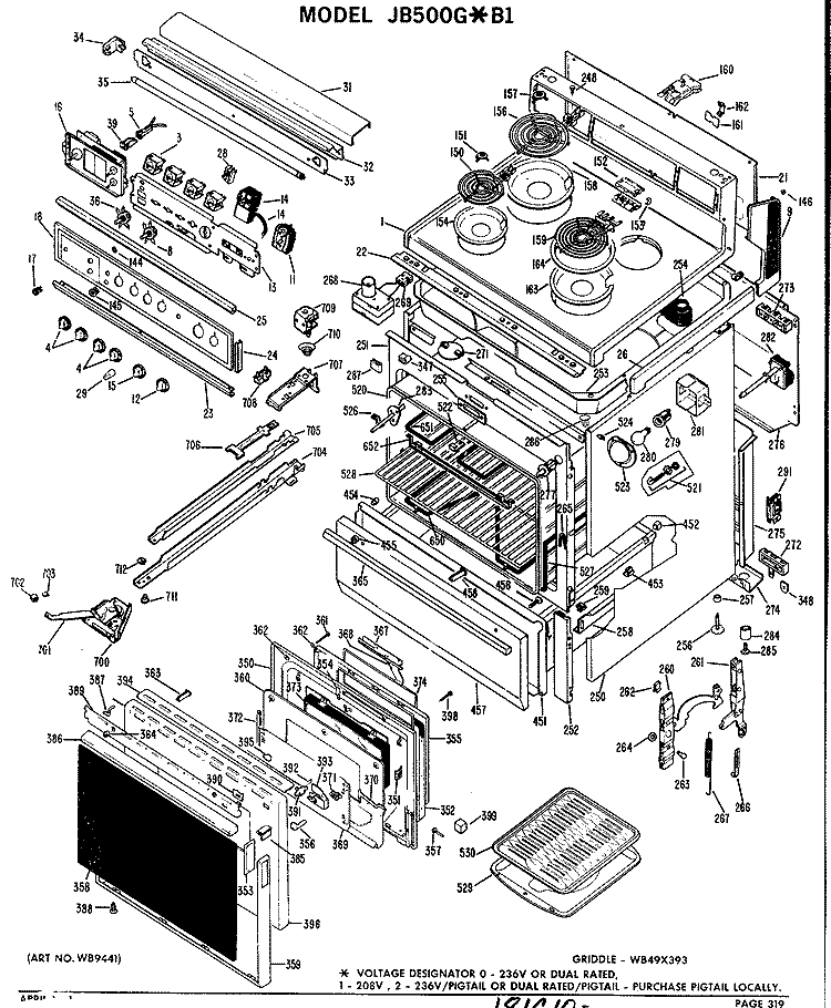 Section Diagram and Parts List for JB500G*B1  General Electric Range