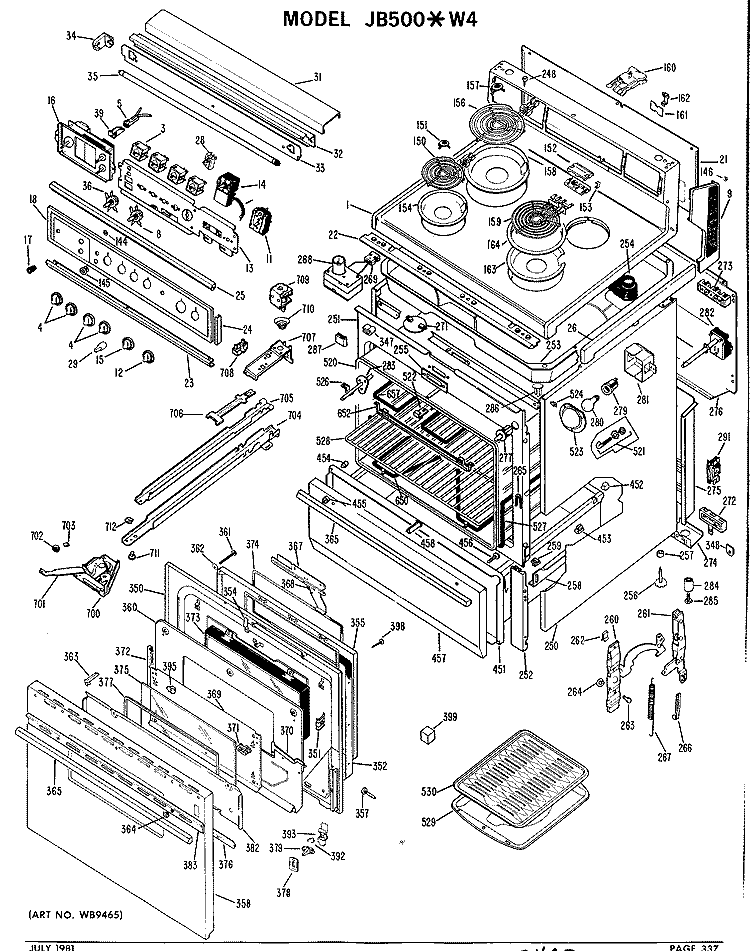 Section Diagram and Parts List for JB500*W4  General Electric Range