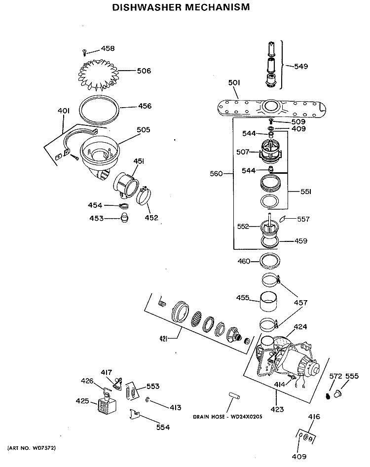 DISHWASHER MECHANISM Diagram and Parts List for GSD750W-05  General Electric Dishwasher