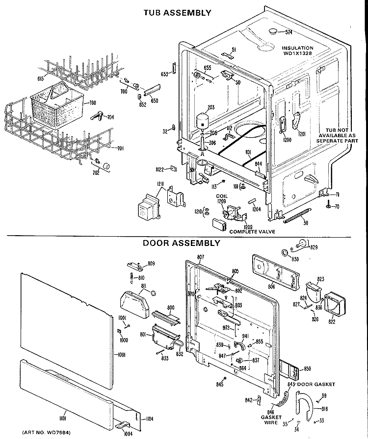 TUB ASSEMBLY Diagram and Parts List for GSS203W-07  General Electric Dishwasher