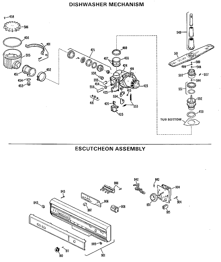 ESCUTHEON ASSEMBLY Diagram and Parts List for GSS203W-07  General Electric Dishwasher