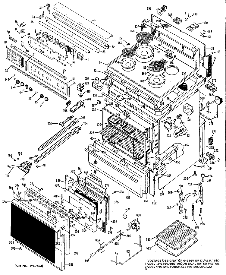 Section Diagram and Parts List for JB600G*05  General Electric Range