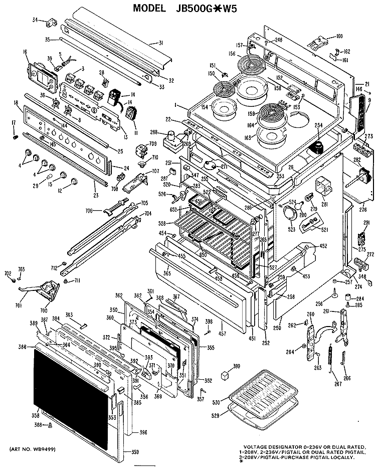 Section Diagram and Parts List for JB500G*W5  General Electric Range
