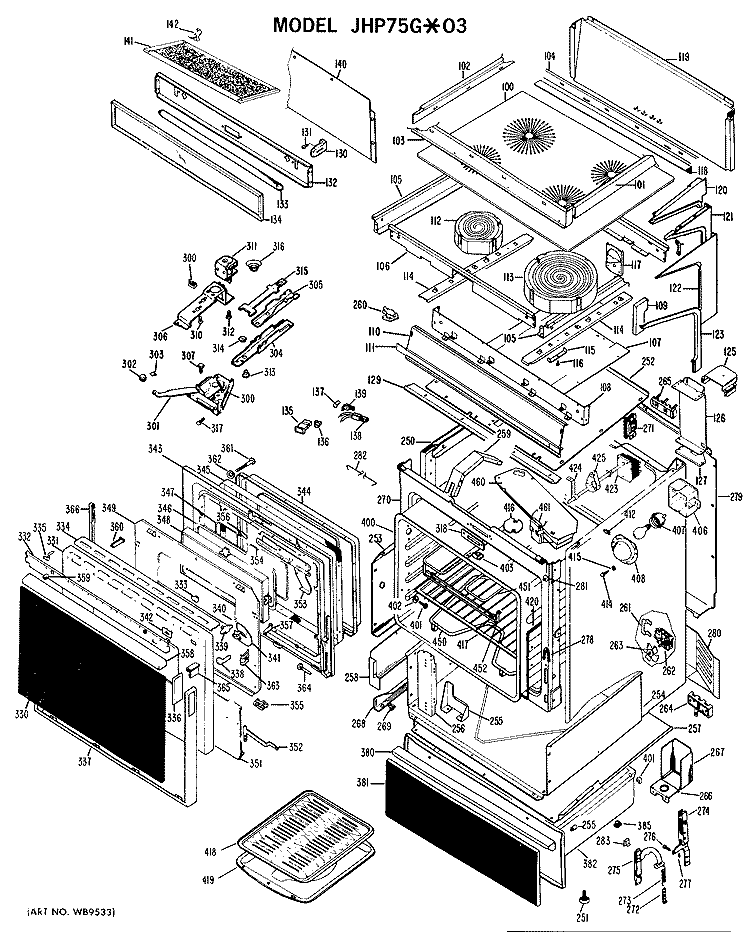 Section Diagram and Parts List for JHP75G*03  General Electric Microwave Oven Combo