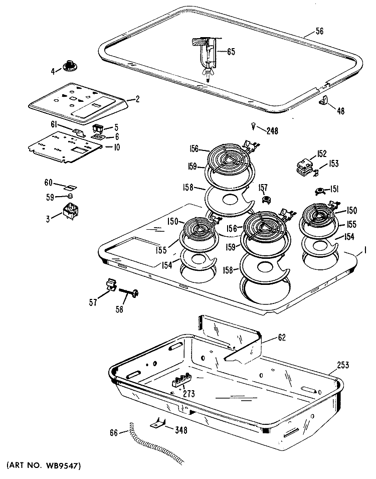 Section Diagram and Parts List for JP6519C1  General Electric Cooktop